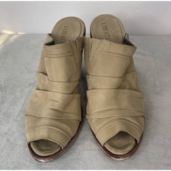 Liberty Black Peep Toe Mule Heels Size 7 Cognac Cream Leather Chunky - Picture 3 of 10